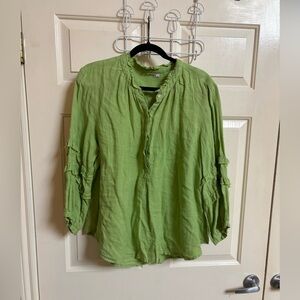Ivy Jane 100% linen boho Lagenlook Lime Green Frayed Loose Fitted Blouse